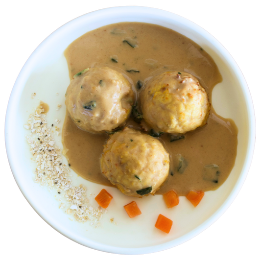 Chicken with chickpeas, vegetable patties and peanut sauce (2 meatballs/2 patties)180g