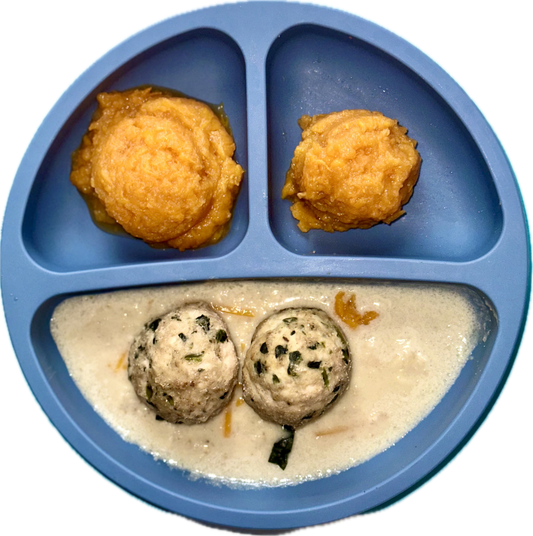 *New* Chicken meatballs with apples on mashed sweet potatoes (2 meatballs)